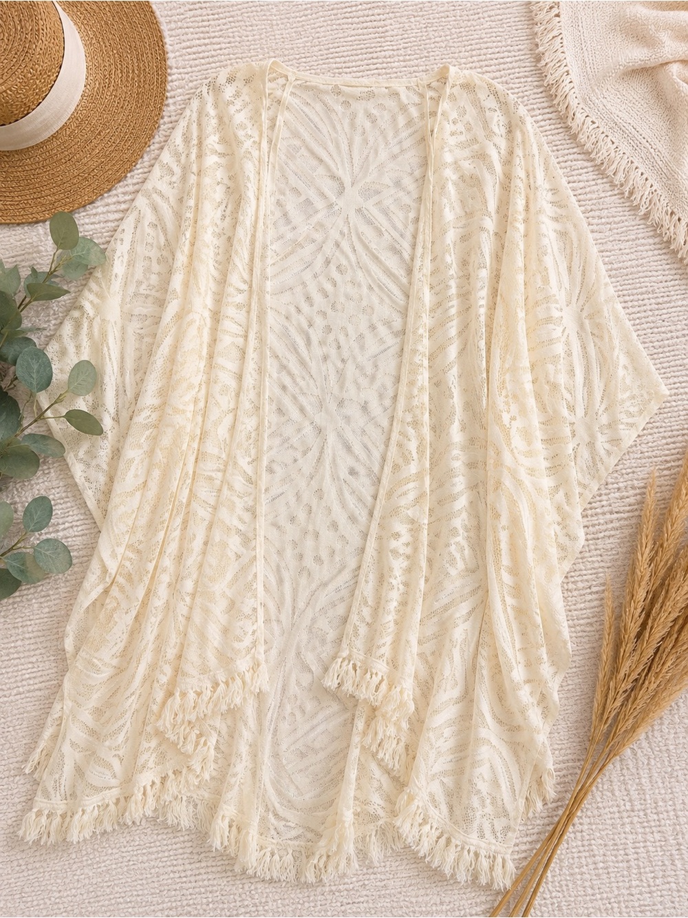 American Eagle Outfitters Cream Crochet Fringe Cardigan